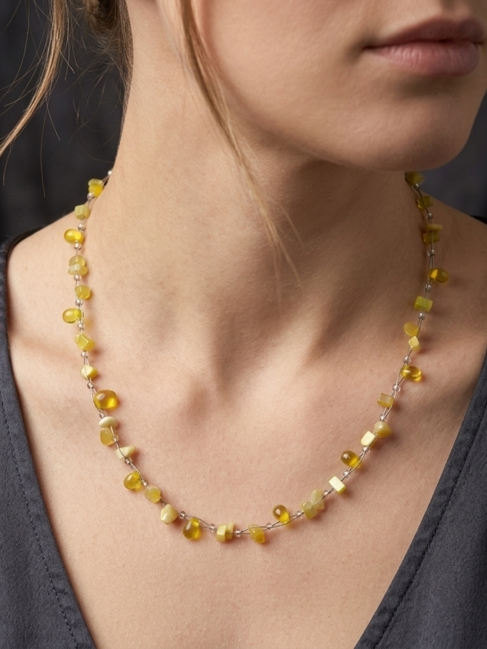 Handmade Yellow Pulegoso Bubble Glass Necklace | Clear Artisan Bead Choker